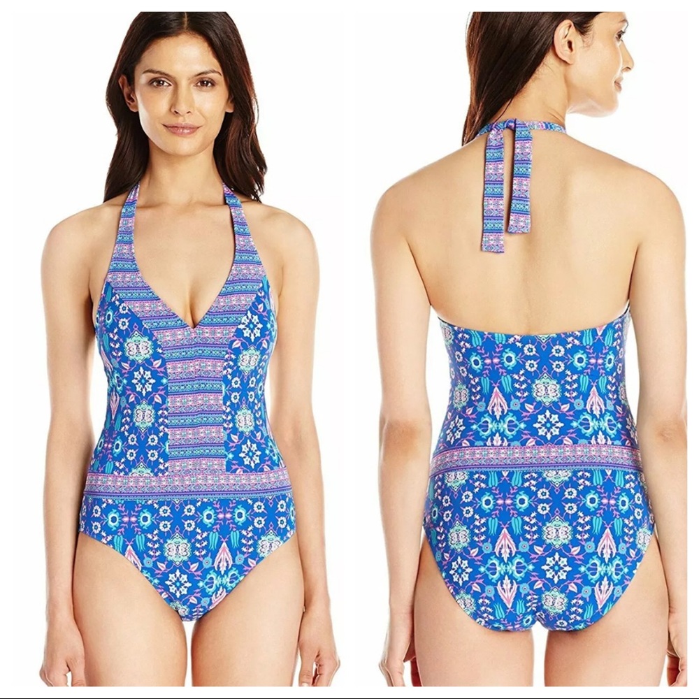 Blue Rod Beattie One Piece Halter a tie Swimsuit Bathing Suit Size 12 Excellent